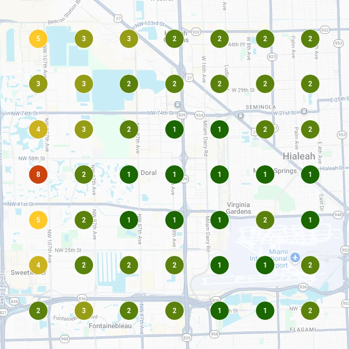 Rank map, September 2026: the same 49 points, 44 of them ranked 1 to 3 for cachapas.