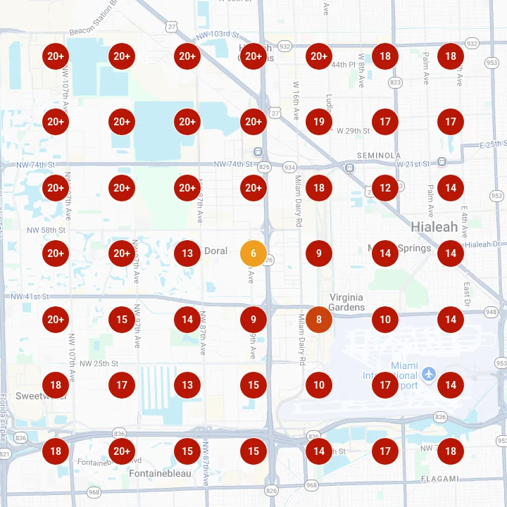 Rank map, July 2026: 49 search points around K'Chapas in Doral, almost all ranked 6 to 20+ for cachapas.