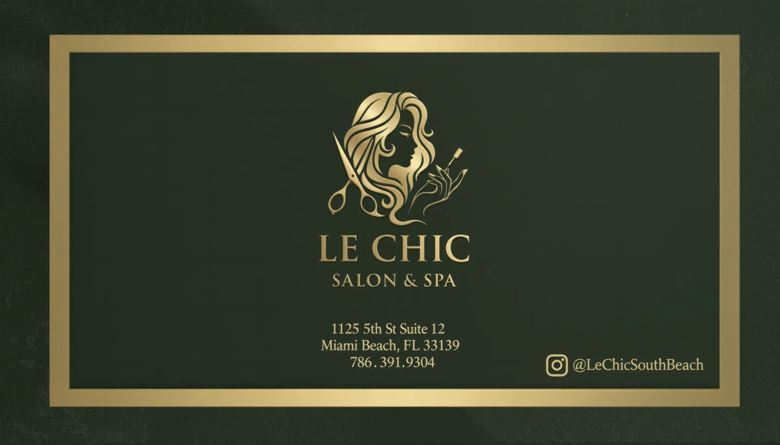 Le Chic business card: gold logo on deep green with the address and Instagram handle.