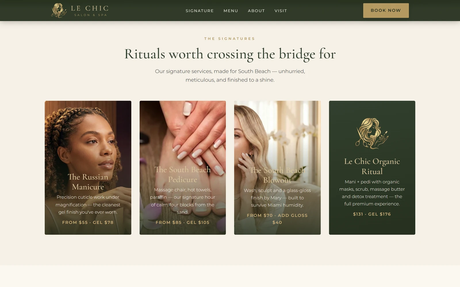 Le Chic Salon & Spa website: the Signatures section with services and prices.
