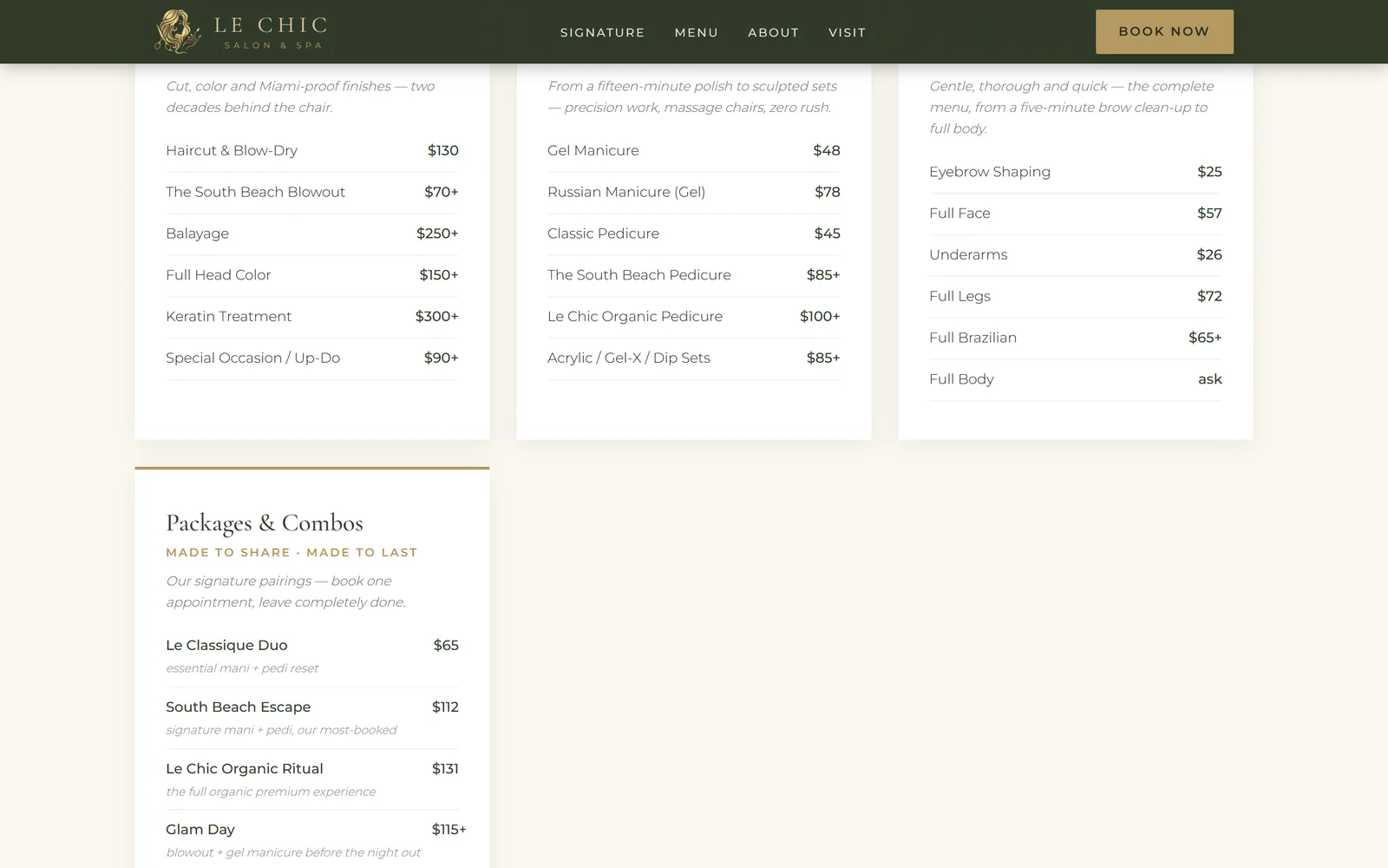 Le Chic website menu with prices and the Packages & Combos section.