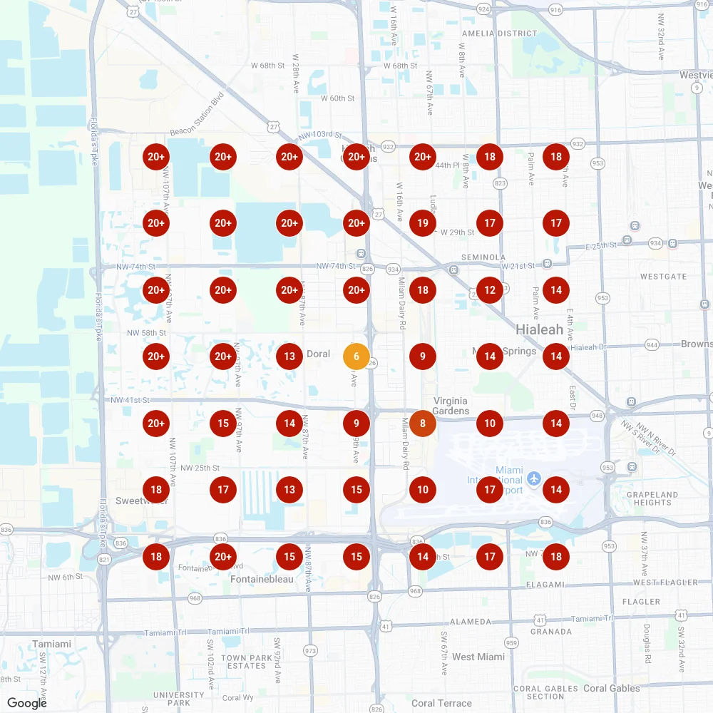 Rank map, July 8, 2026: mostly red, positions 9 to 20+