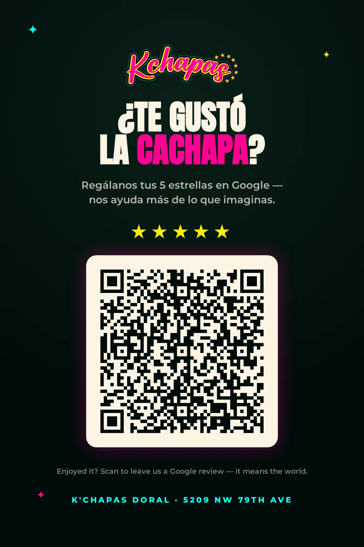 Review card for K'Chapas Doral with QR code