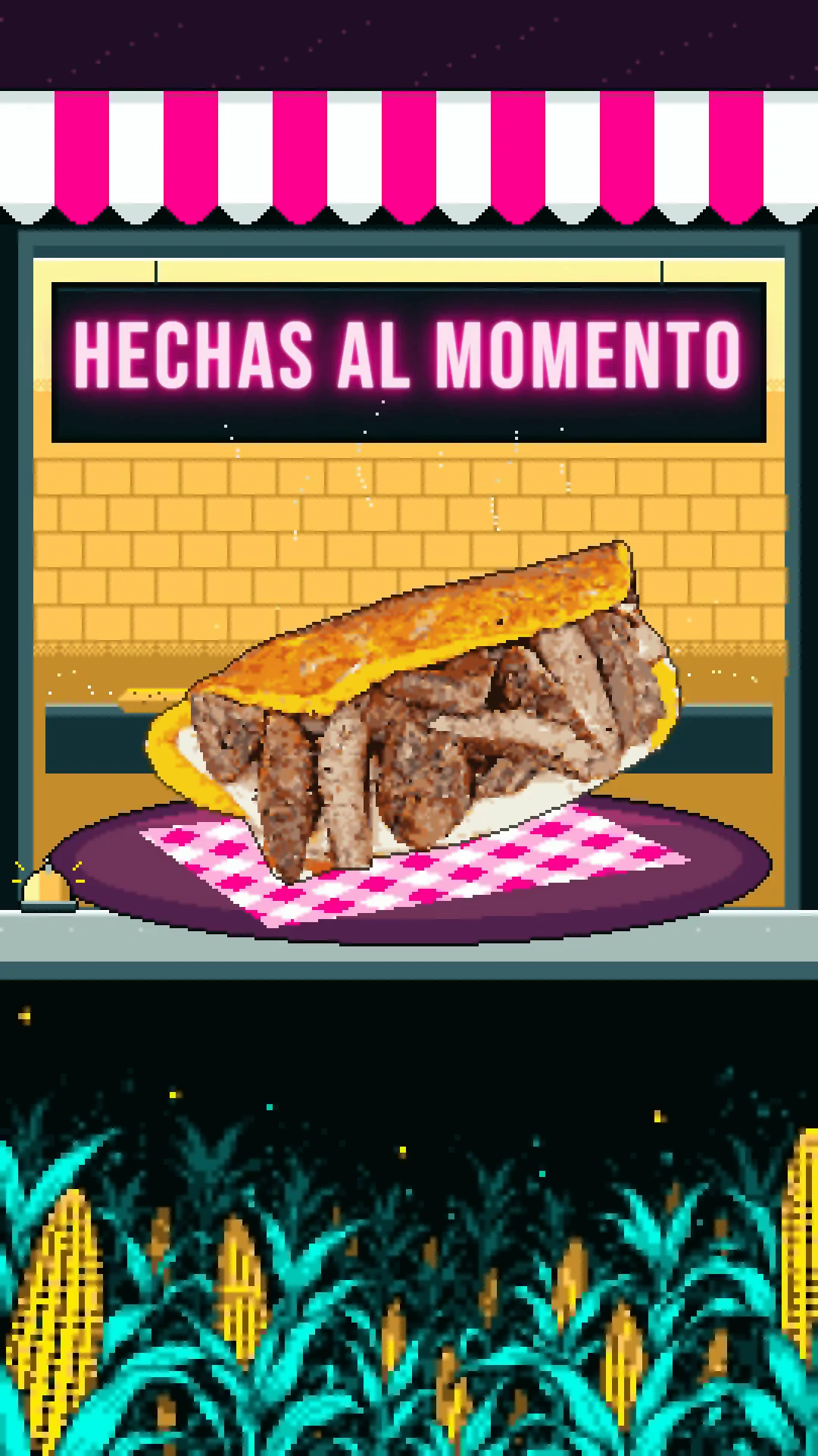 Pixel-art Miami reel ending on a real cachapa