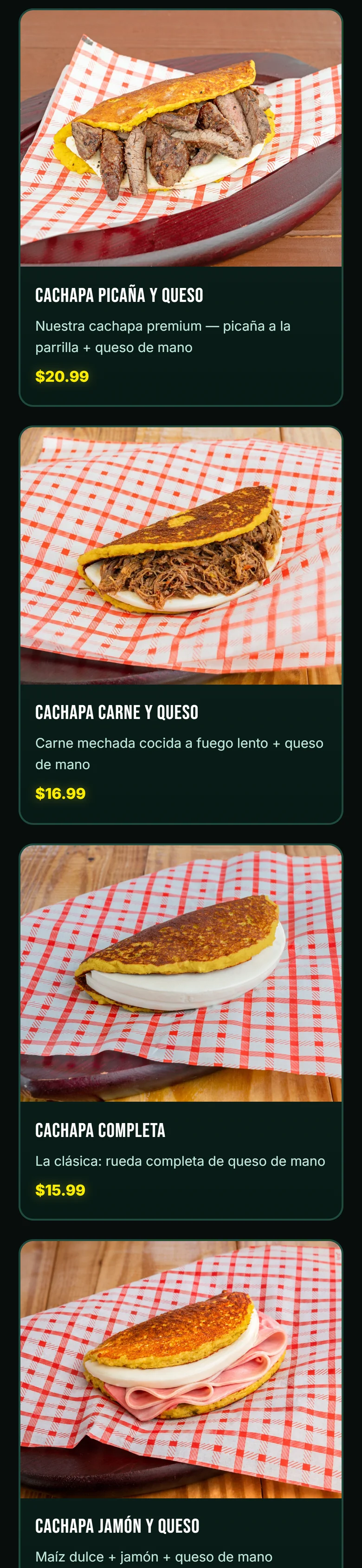 K'Chapas menu cards, phone